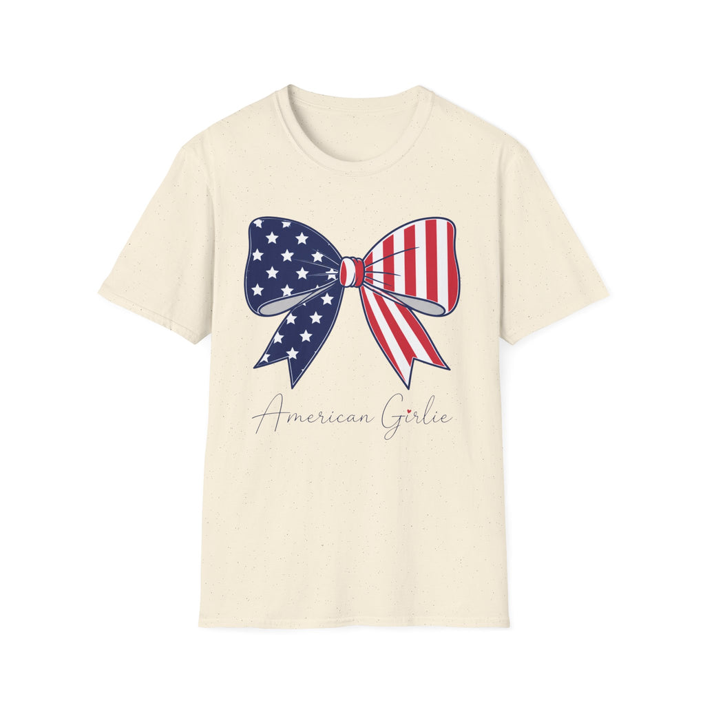 American Girl T-Shirt, Coquette Patriotic Flag Bow Tee, 4th of July Shirt, USA Stars Stripes Bow Script Gift, Cute Independence Day Tee