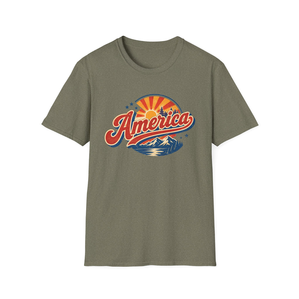Retro America Shirt 4th of July Vintage Mountain Graphic Tee Sunset Landscape Fourth July Patriotic Stars Nature Lover