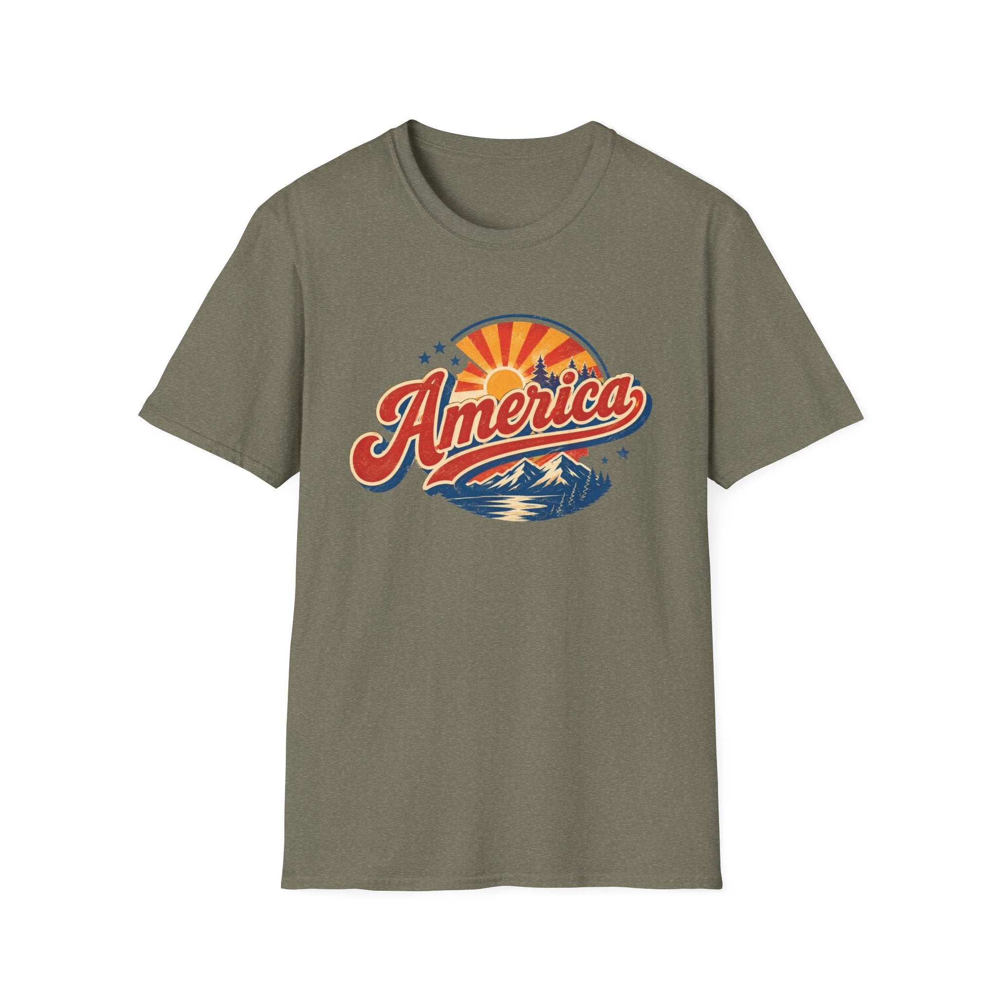 Retro America Shirt 4th of July Vintage Mountain Graphic Tee Sunset Landscape Fourth July Patriotic Stars Nature Lover