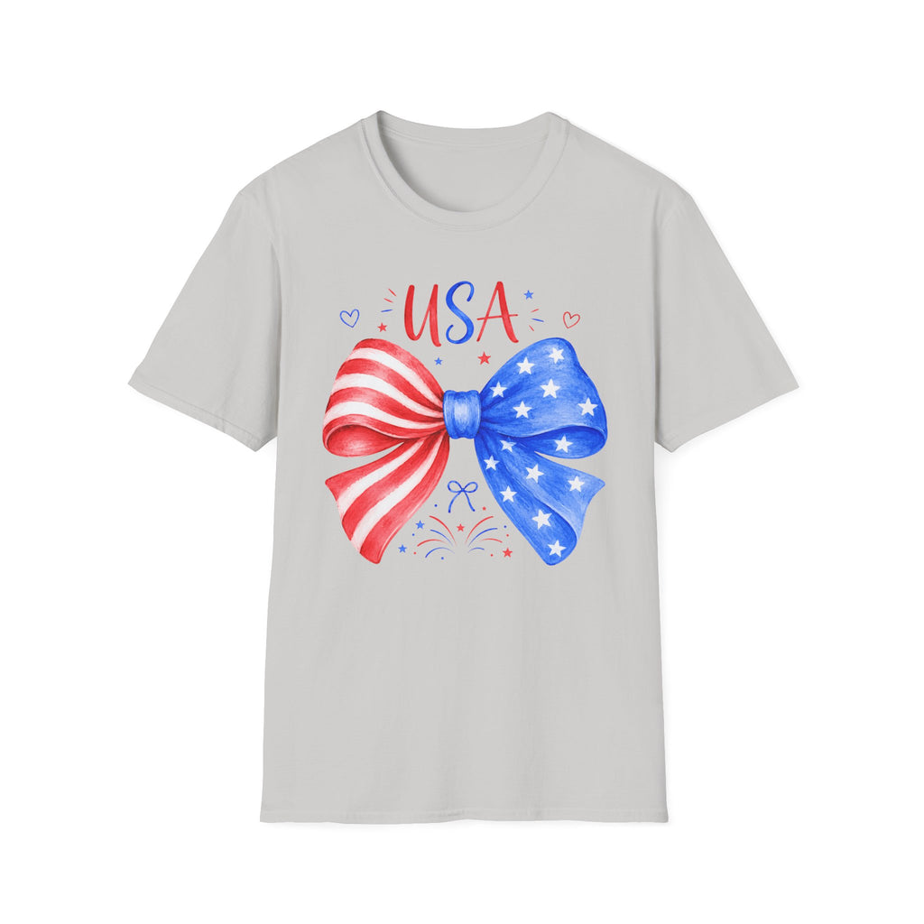USA Patriotic Bow Tee, Red White Blue Fireworks Shirt, Cute American Pride Graphic Top, Fourth of July Celebration Outfit T-Shirt