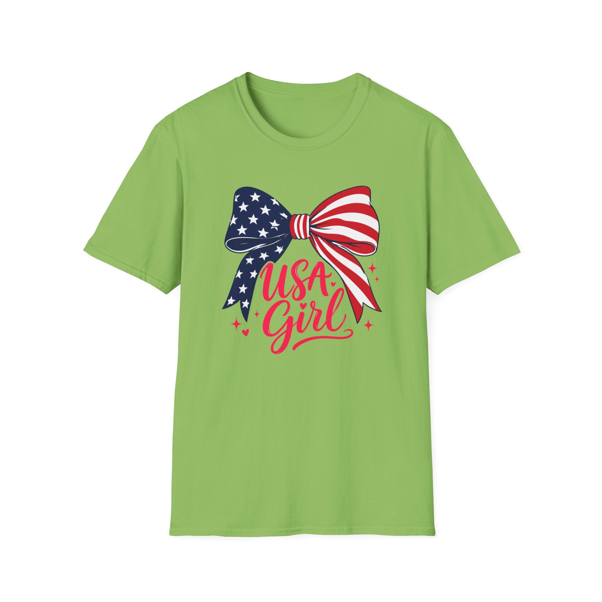 USA Girl T-Shirt, Coquette Flag Bow Pink Script Tee, 4th of July Girl Shirt Women Teens, Stars Stripes Bow Sparkle Patriotic Gift, Cute Pink Script Independence Day Tee