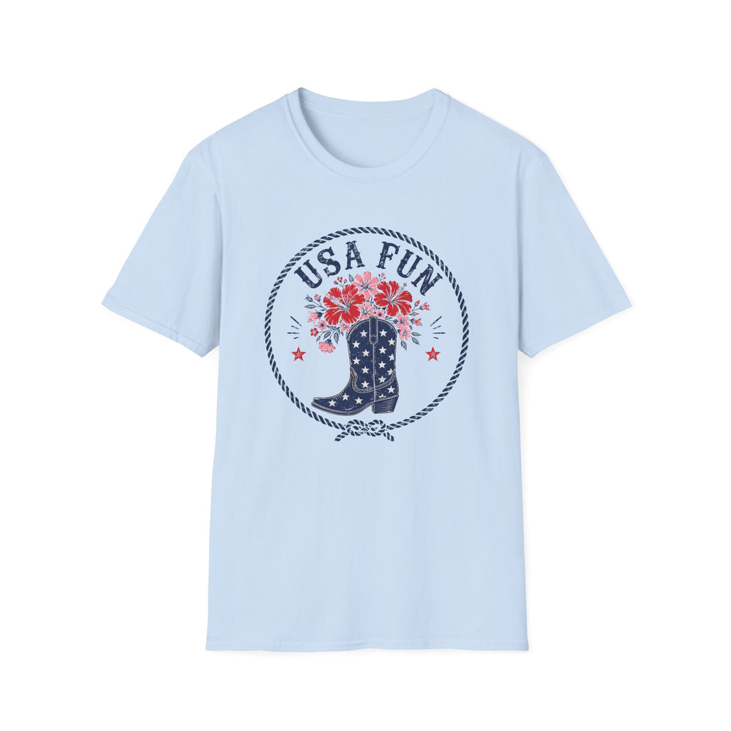 USA Fun Floral Cowboy Boot T-Shirt, Western Patriotic Hibiscus Boot Tee, Country 4th of July Rope Circle Shirt, Star Boot Wildflower America Gift