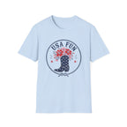 USA Fun Floral Cowboy Boot T-Shirt, Western Patriotic Hibiscus Boot Tee, Country 4th of July Rope Circle Shirt, Star Boot Wildflower America Gift