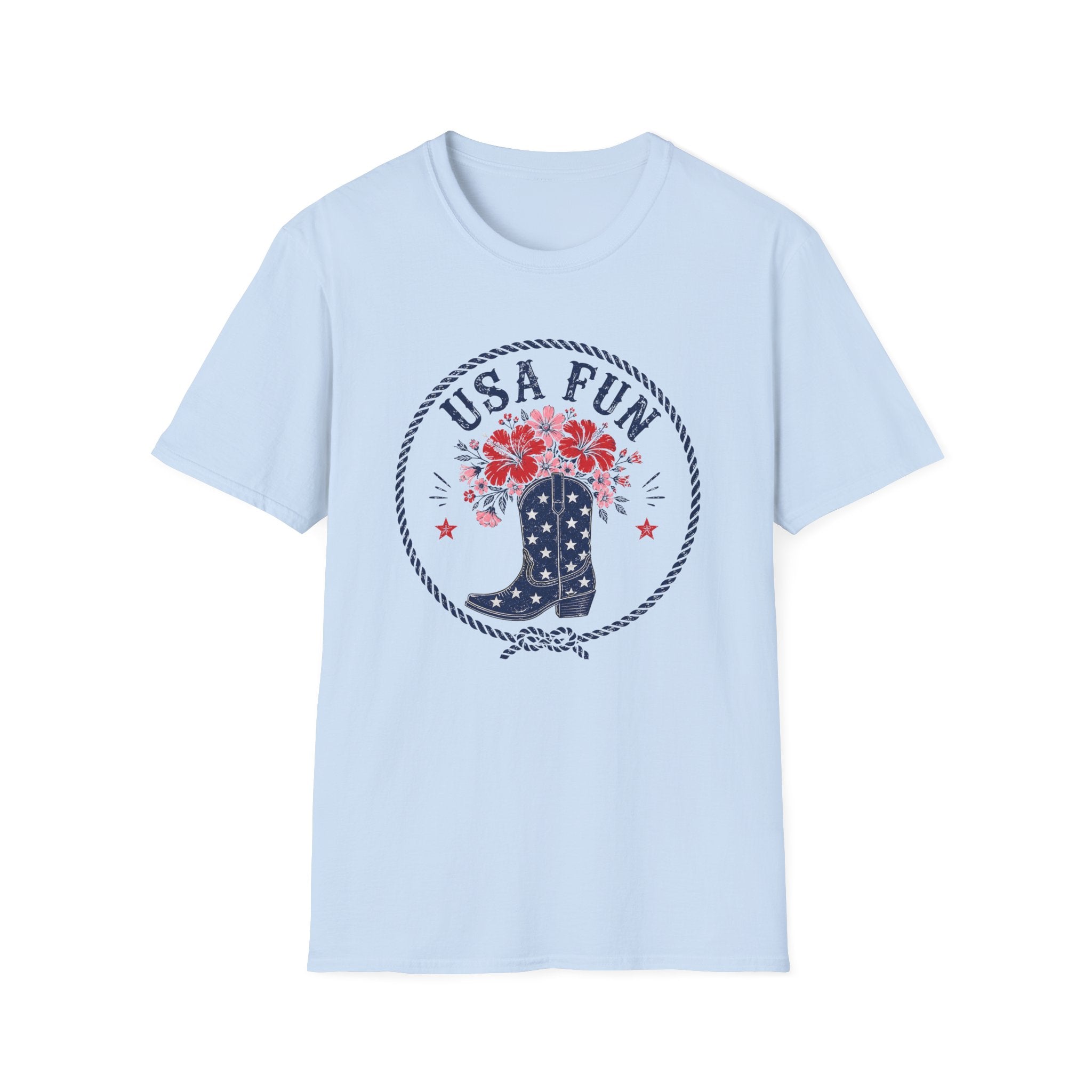 USA Fun Floral Cowboy Boot T-Shirt, Western Patriotic Hibiscus Boot Tee, Country 4th of July Rope Circle Shirt, Star Boot Wildflower America Gift