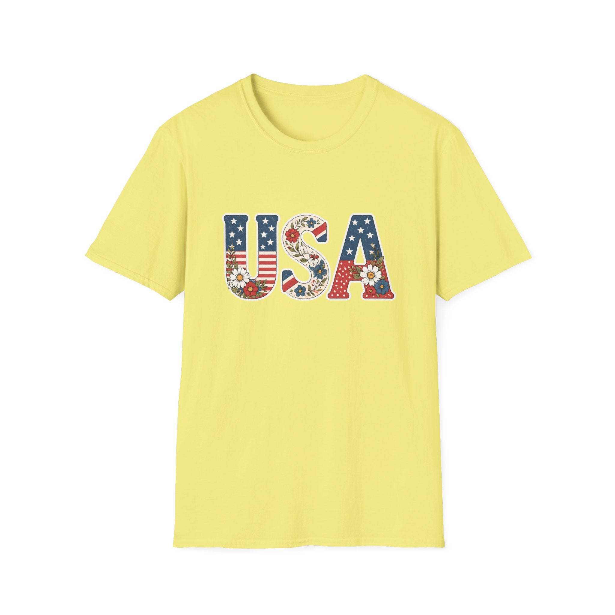 Floral USA T-Shirt, Cottagecore Patriotic Flower Letter Tee, 4th of July Wildflower America Shirt, Stars Stripes Daisy Poppy Gift, Vintage Botanical