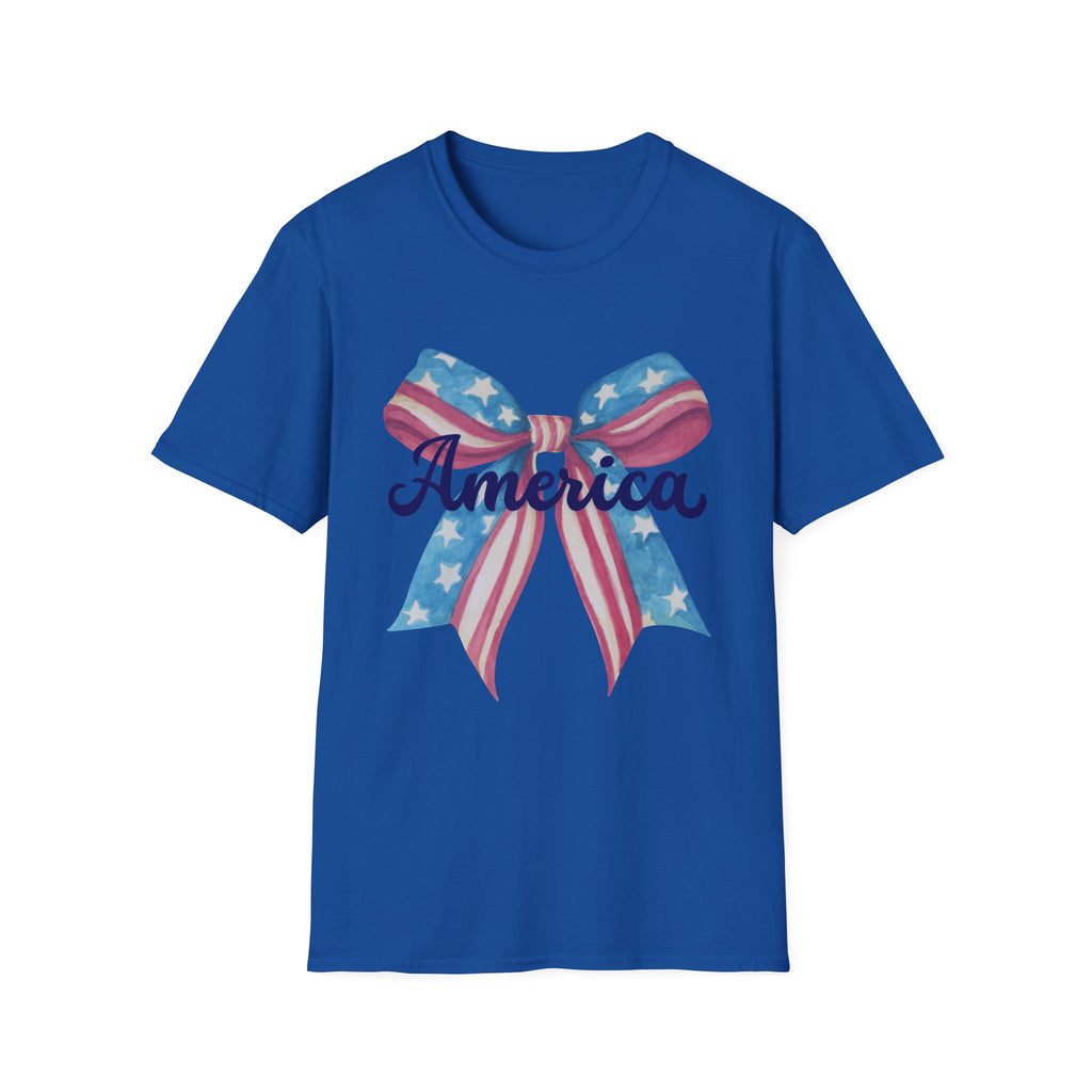 America Bow Patriotic T-Shirt, Coquette Fourth of July Graphic Tee, Vintage Americana Ribbon Shirt, Cute USA Holiday Apparel, Soft Girl Patriotic Outfit