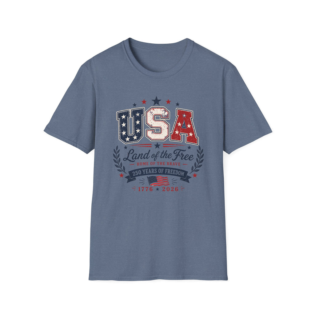 Land of the Free Home of the Brave 250 Years Shirt, 4th of July, Bold, Distressed USA Varsity 1776 2026 Tee, Classic Patriotic Banner America Anniversary T-Shirt, Gift