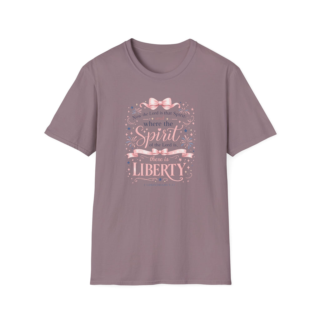 Where The Spirit Of The Lord Is Liberty T-Shirt | Christian Bible Verse Graphic Tee, Pink Coquette Ribbon Bow Top