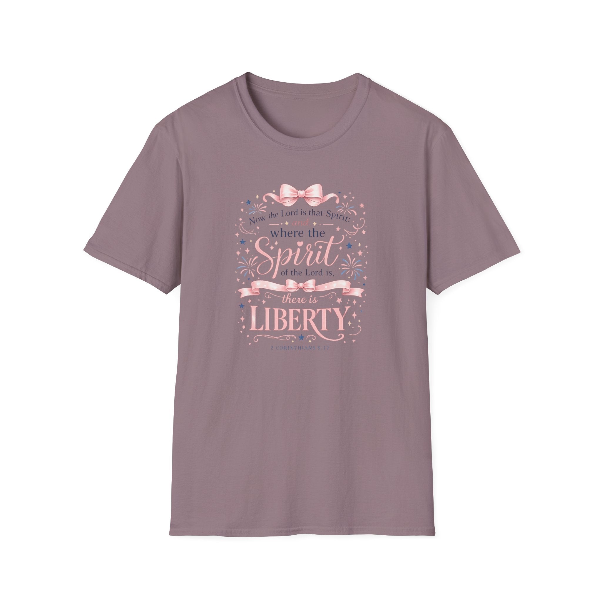 Where The Spirit Of The Lord Is Liberty T-Shirt | Christian Bible Verse Graphic Tee, Pink Coquette Ribbon Bow Top