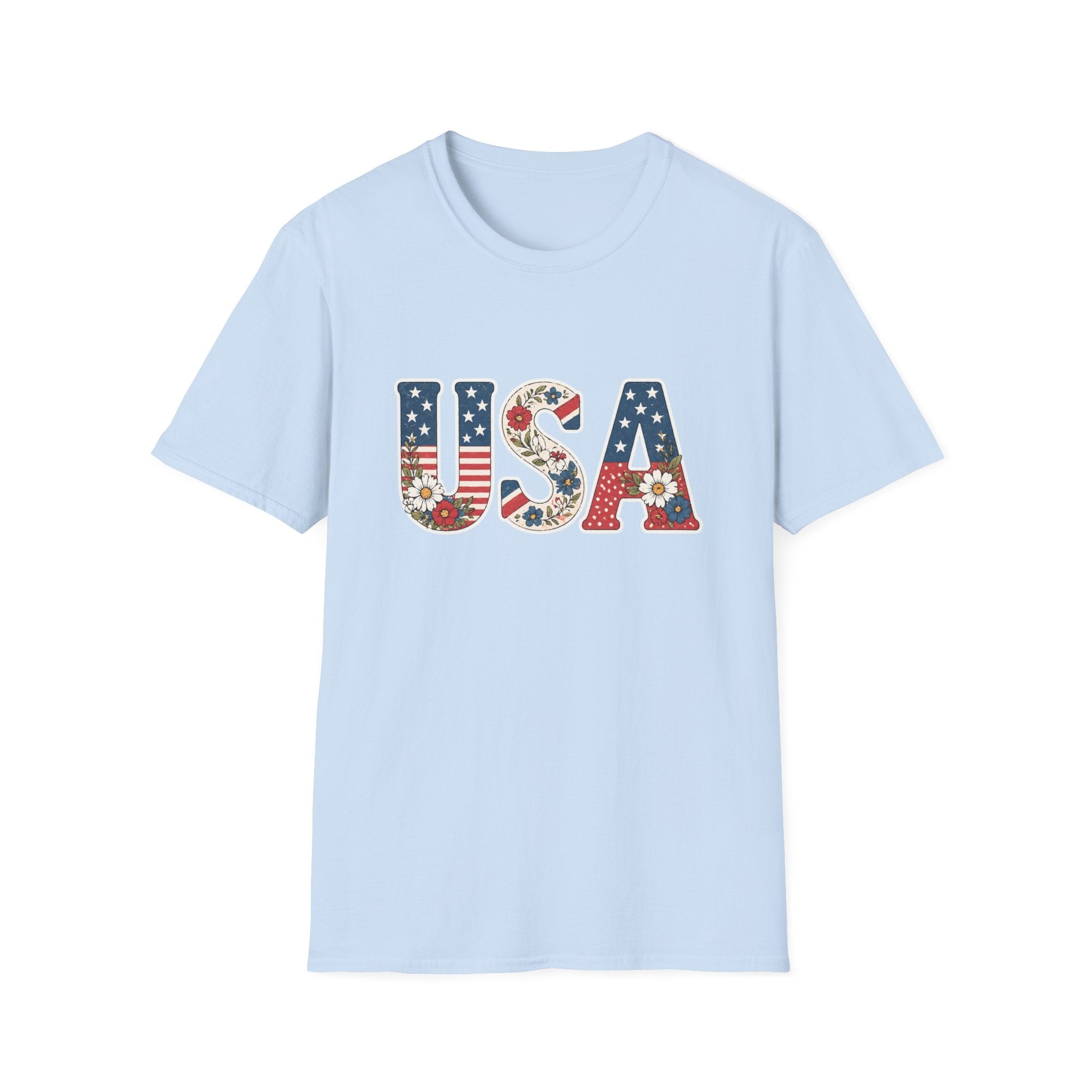 Floral USA T-Shirt, Cottagecore Patriotic Flower Letter Tee, 4th of July Wildflower America Shirt, Stars Stripes Daisy Poppy Gift, Vintage Botanical