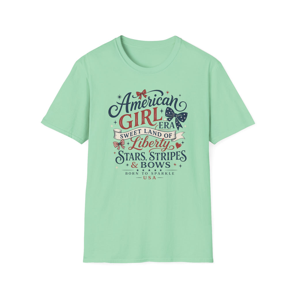 American Girl Era Tee, Sweet Land of Liberty Shirt, Stars Stripes Bows Graphic Top, USA Born Raised Patriotic Outfit T-Shirt