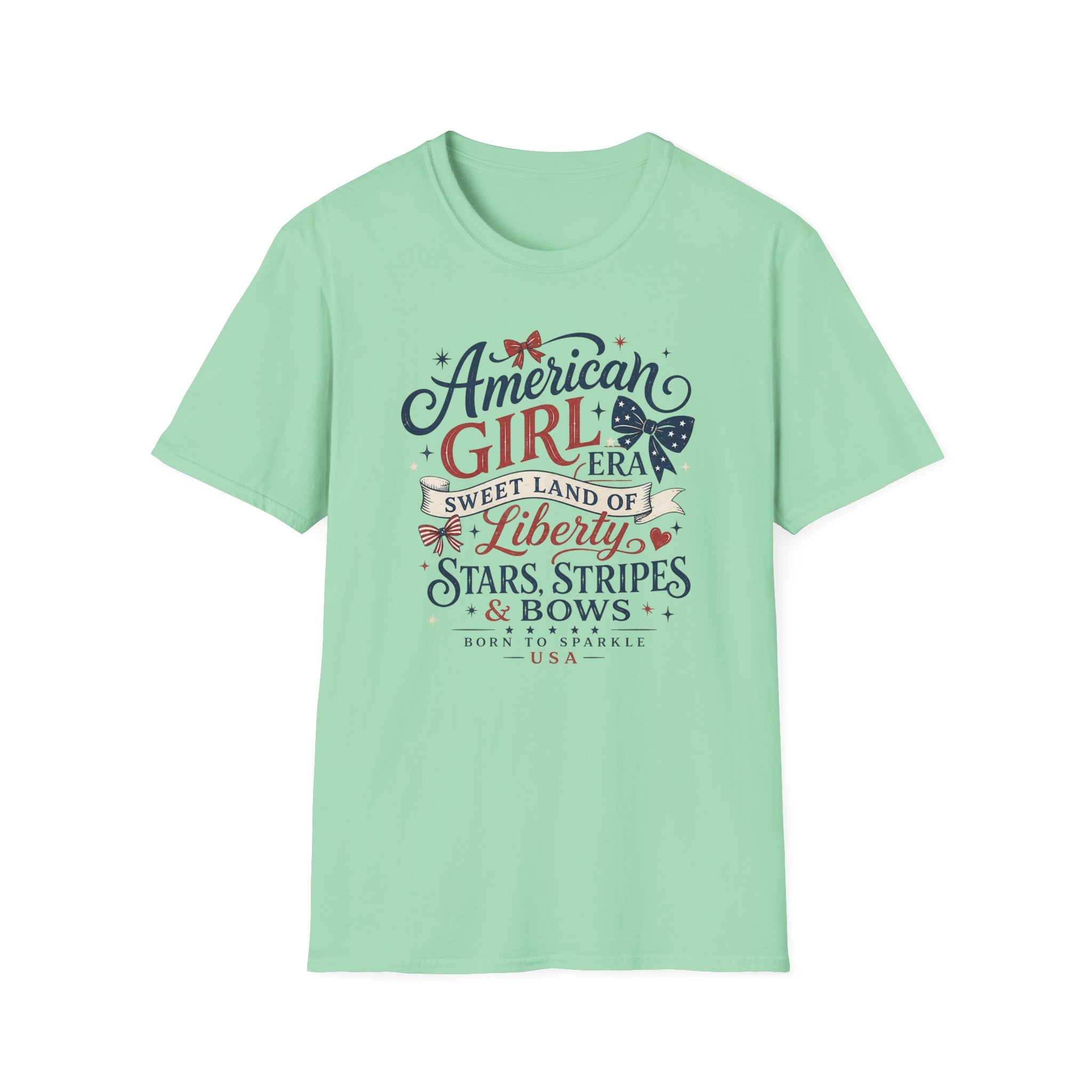 American Girl Era Tee, Sweet Land of Liberty Shirt, Stars Stripes Bows Graphic Top, USA Born Raised Patriotic Outfit T-Shirt