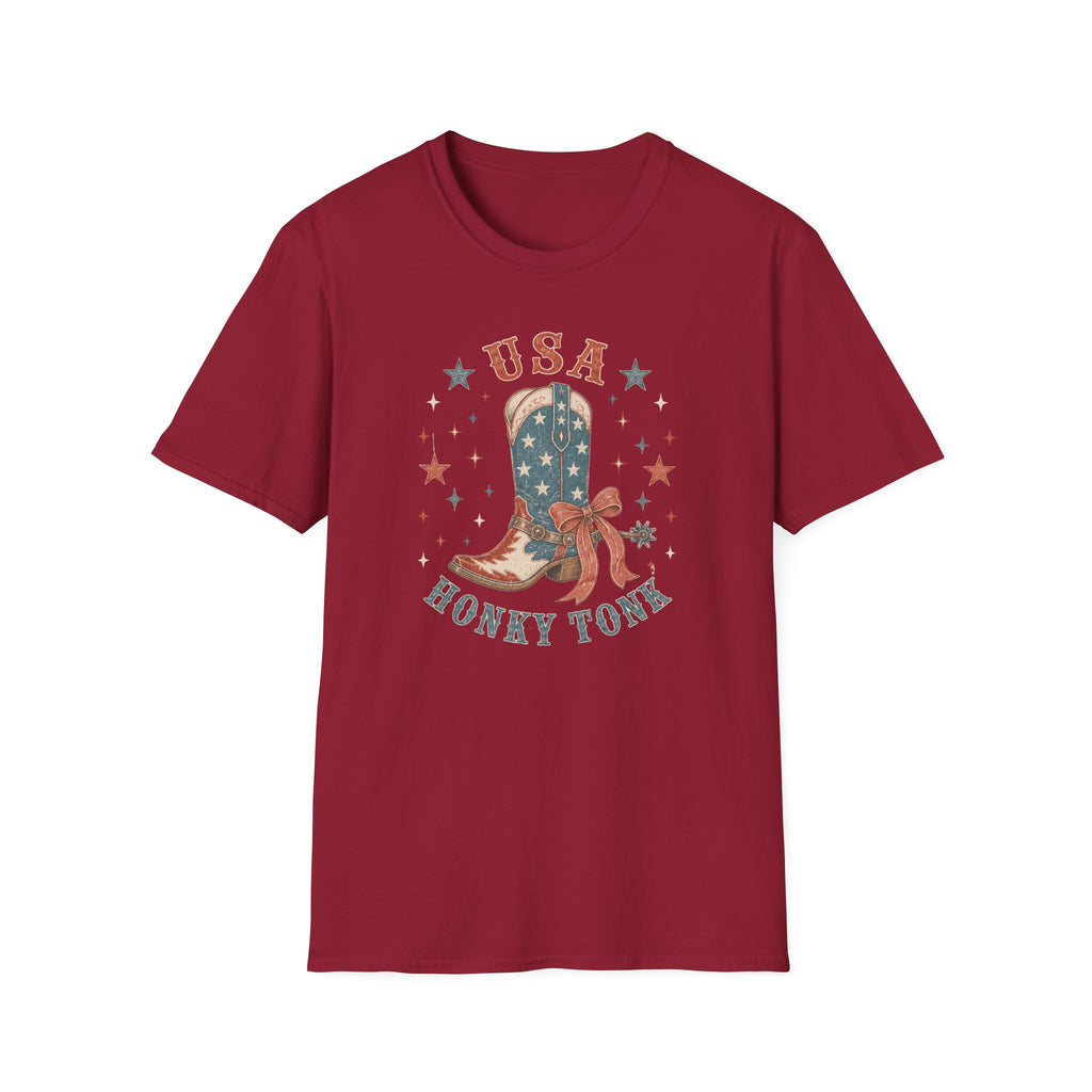 USA Honky Tonk T-Shirt, Patriotic Cowboy Boot Coquette Bow Tee, Country Western 4th of July Shirt, Star Cowgirl Boot America Gift Women, Country Patriotic Concert Tee