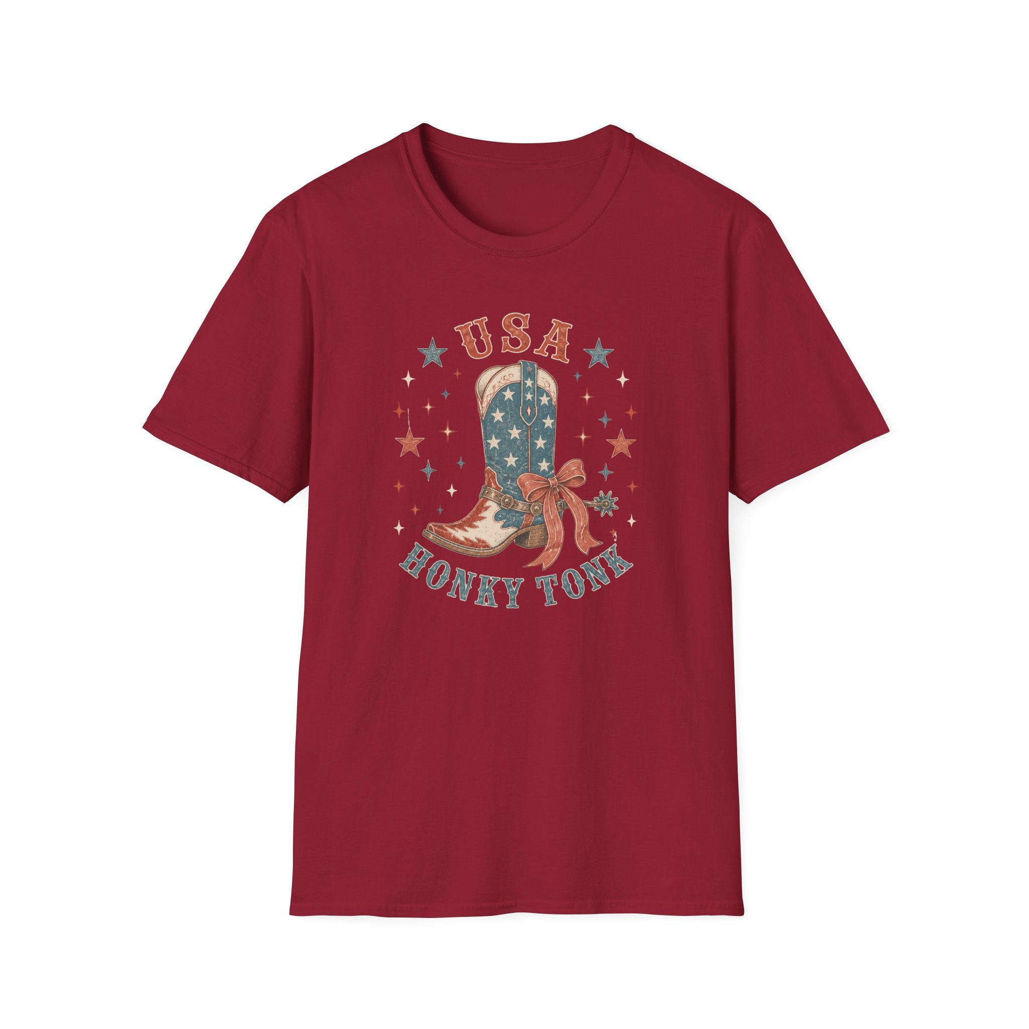 USA Honky Tonk T-Shirt, Patriotic Cowboy Boot Coquette Bow Tee, Country Western 4th of July Shirt, Star Cowgirl Boot America Gift Women, Country Patriotic Concert Tee