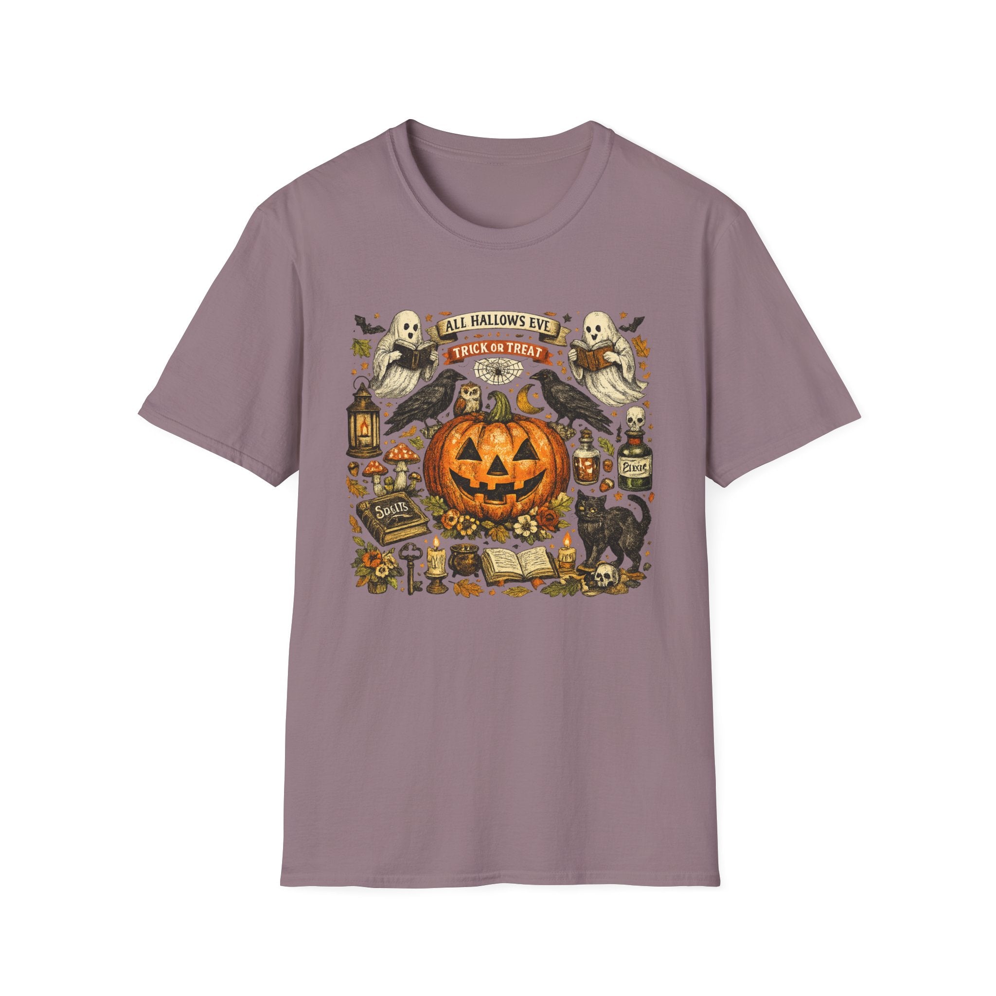 Halloween Pumpkin & Ghost Tee — "All Hallows Eve, Trick or Treat" Graphic T-Shirt