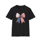 Patriotic American Flag Bow Tee, USA Pride Graphic Shirt, Fourth of July Outfit, Cute Red White Blue Bow Top
