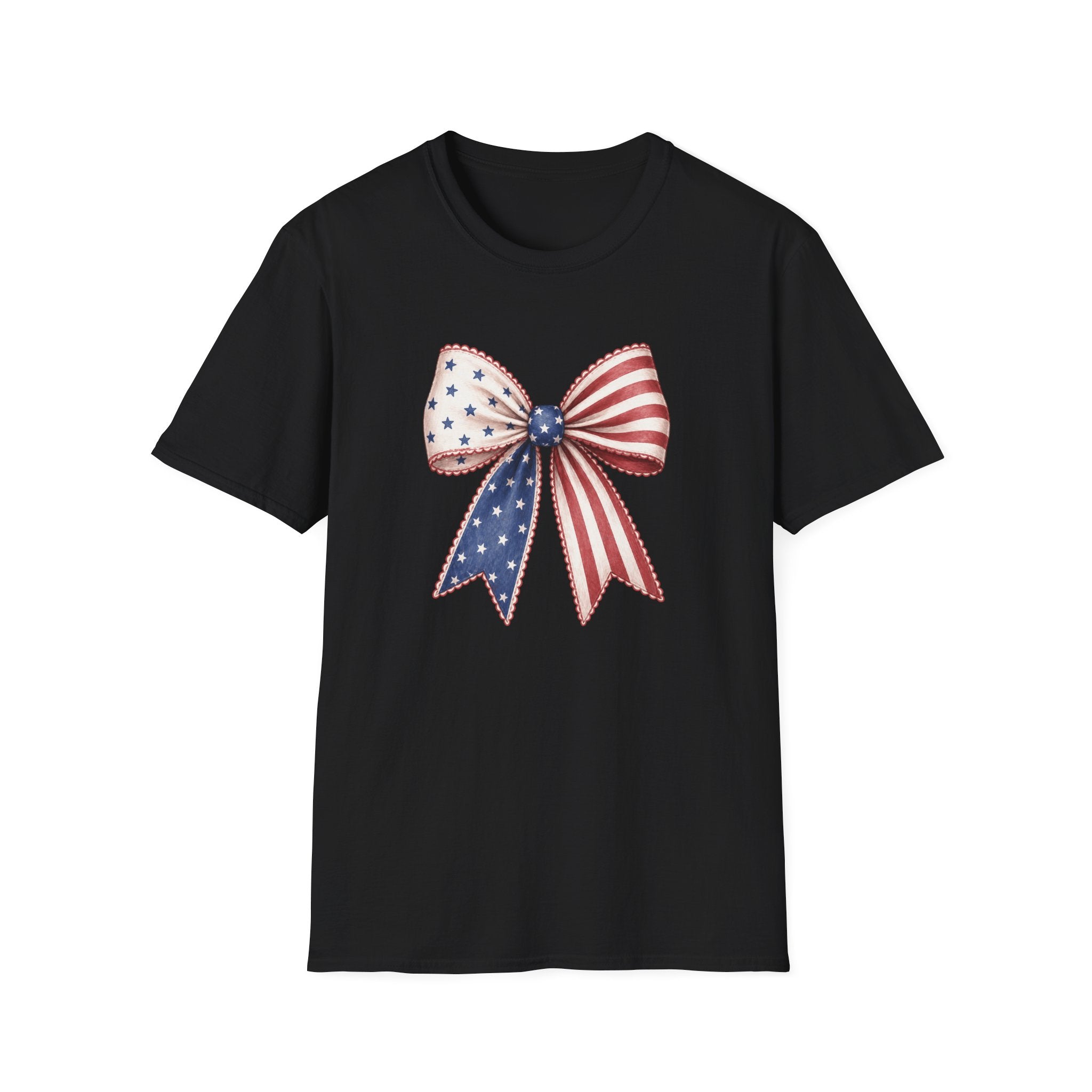 Patriotic American Flag Bow Tee, USA Pride Graphic Shirt, Fourth of July Outfit, Cute Red White Blue Bow Top