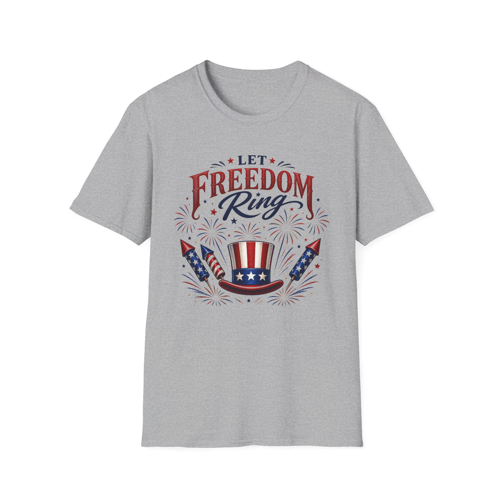 Let Freedom Ring T-Shirt | Patriotic Uncle Sam Hat Graphic Tee, Fourth Of July Charcoal Fireworks Top