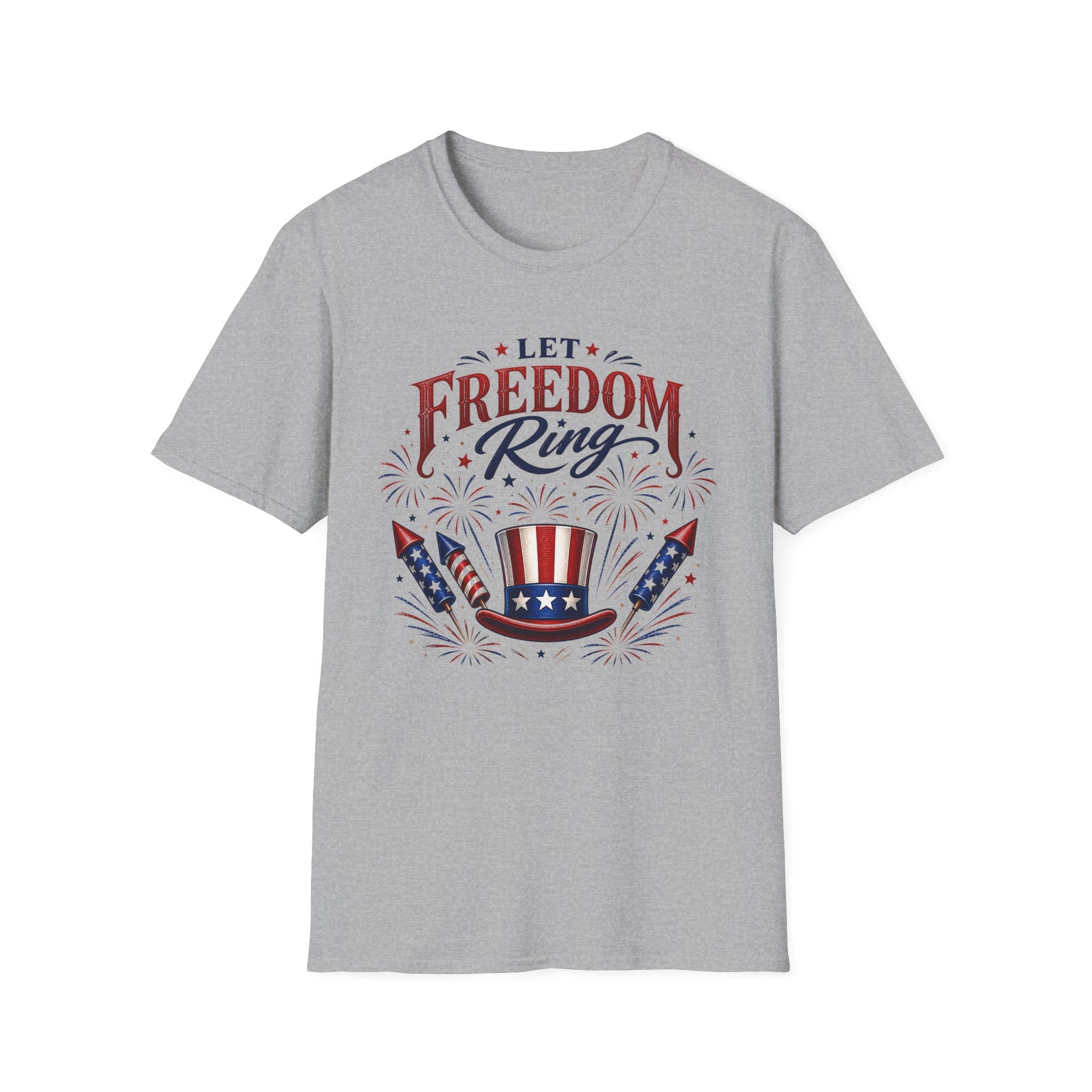 Let Freedom Ring T-Shirt | Patriotic Uncle Sam Hat Graphic Tee, Fourth Of July Charcoal Fireworks Top