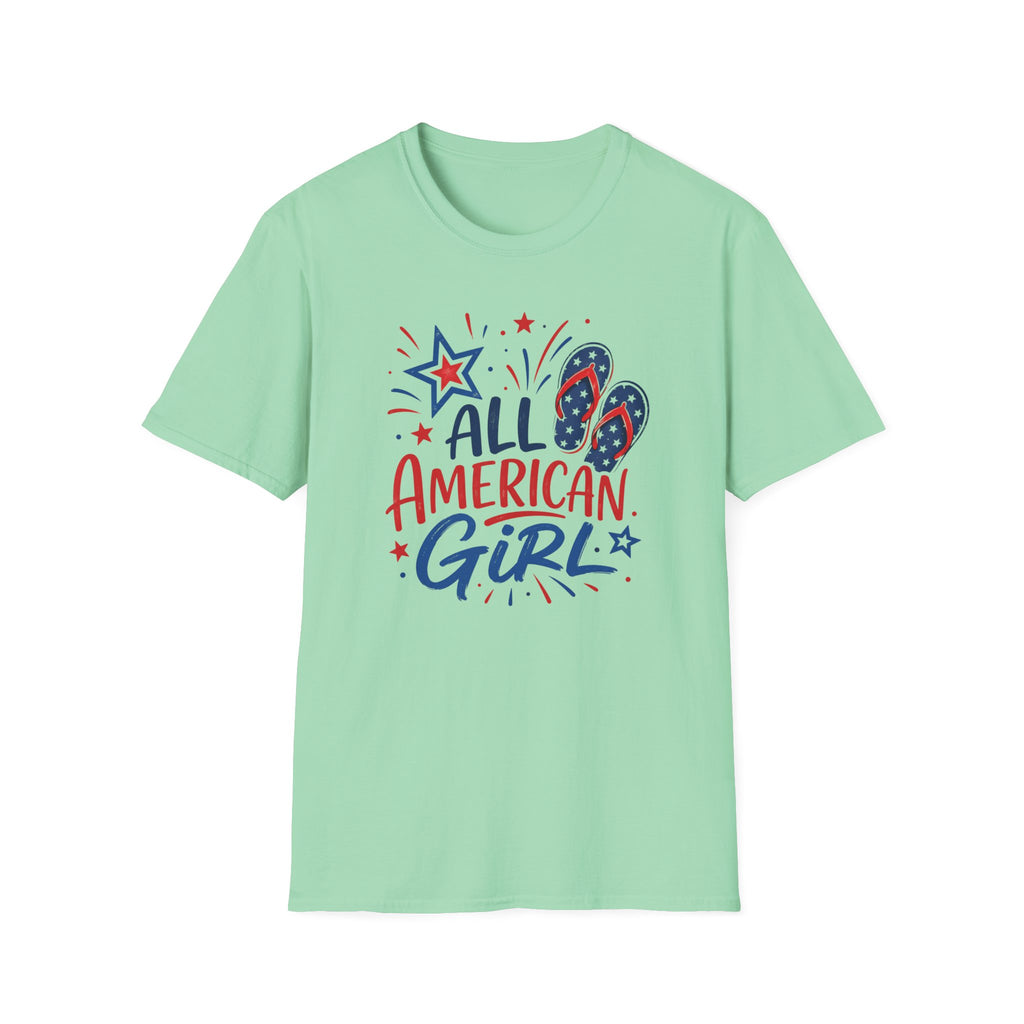 Patriotic All American Girl Graphic Tee - 4th of July Flip Flops Summer T-Shirt