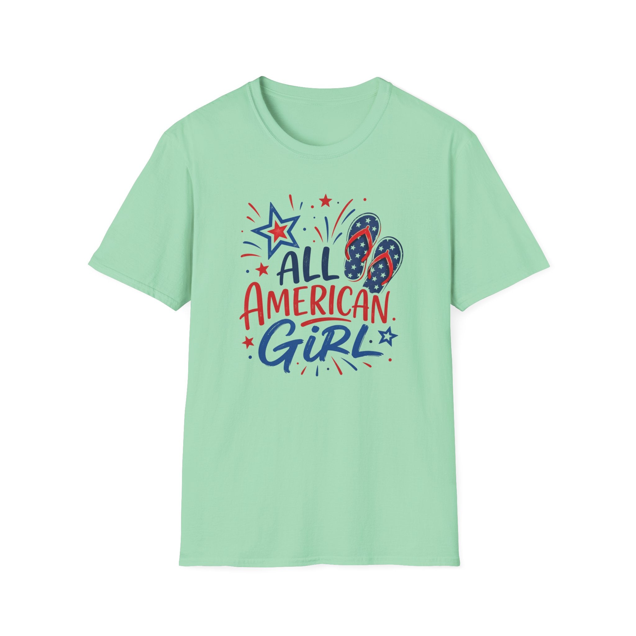 Patriotic All American Girl Graphic Tee - 4th of July Flip Flops Summer T-Shirt