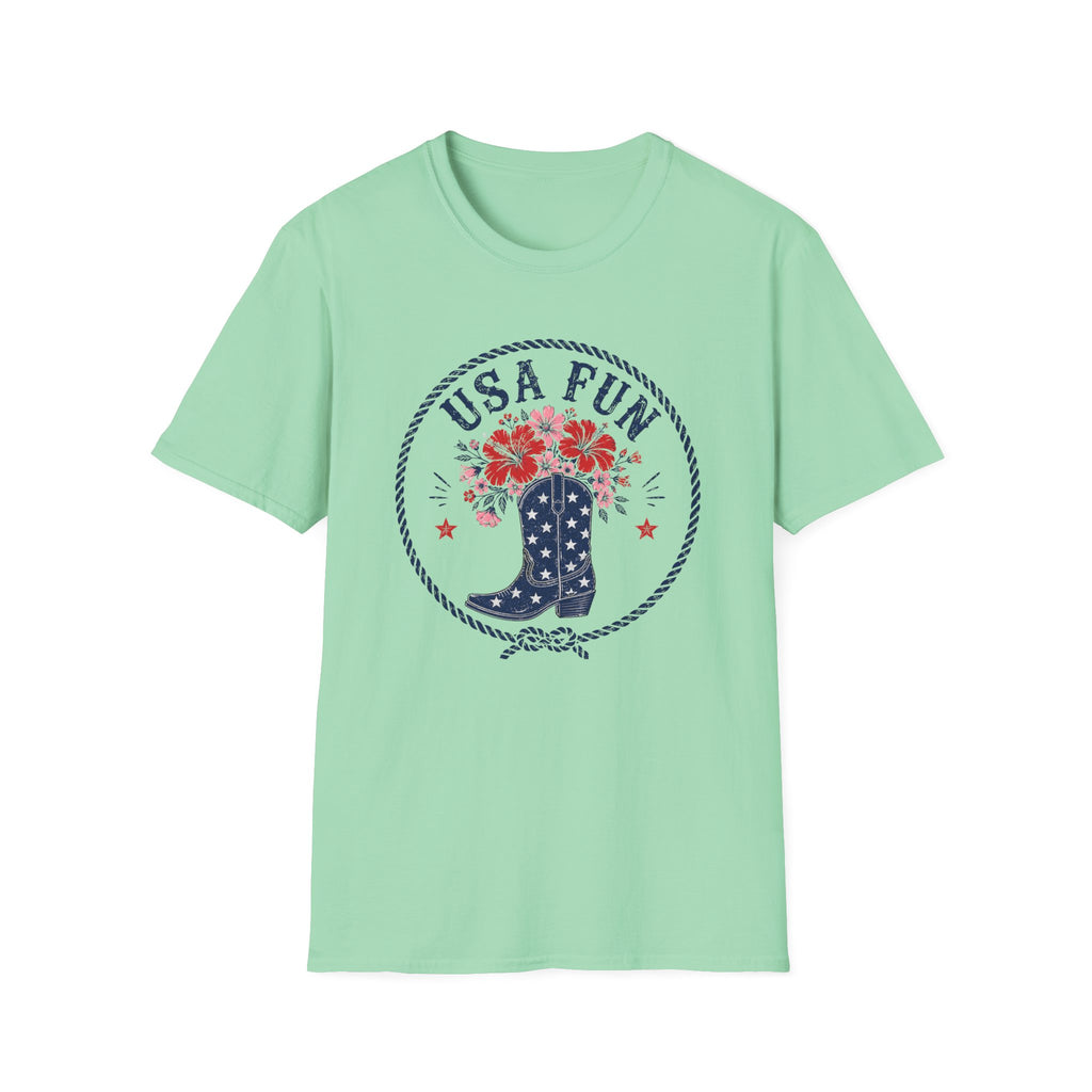 USA Fun Floral Cowboy Boot T-Shirt, Western Patriotic Hibiscus Boot Tee, Country 4th of July Rope Circle Shirt, Star Boot Wildflower America Gift