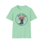 USA Fun Floral Cowboy Boot T-Shirt, Western Patriotic Hibiscus Boot Tee, Country 4th of July Rope Circle Shirt, Star Boot Wildflower America Gift