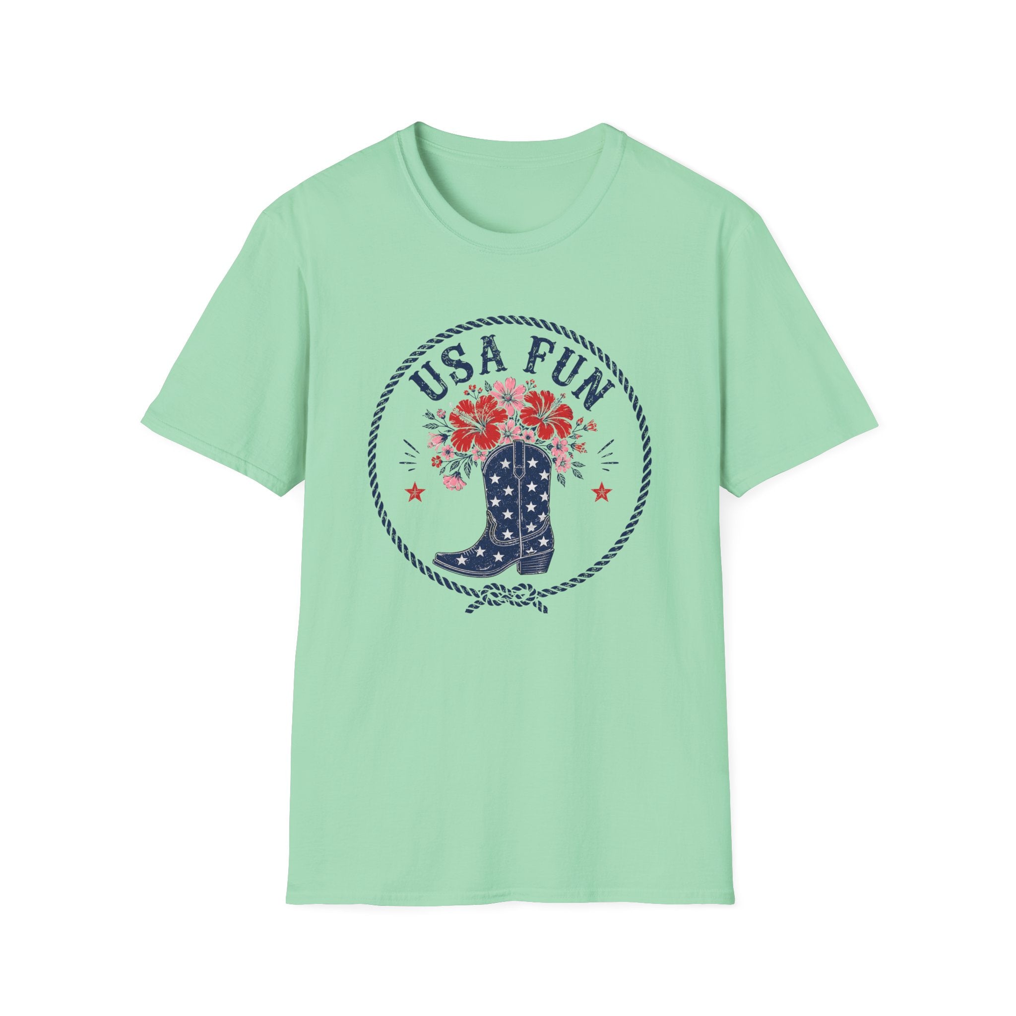USA Fun Floral Cowboy Boot T-Shirt, Western Patriotic Hibiscus Boot Tee, Country 4th of July Rope Circle Shirt, Star Boot Wildflower America Gift