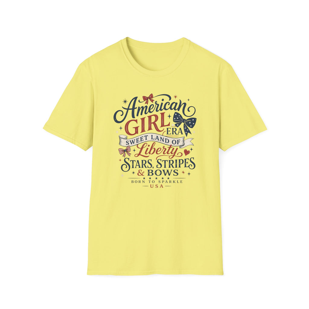American Girl Era Tee, Sweet Land of Liberty Shirt, Stars Stripes Bows Graphic Top, USA Born Raised Patriotic Outfit T-Shirt