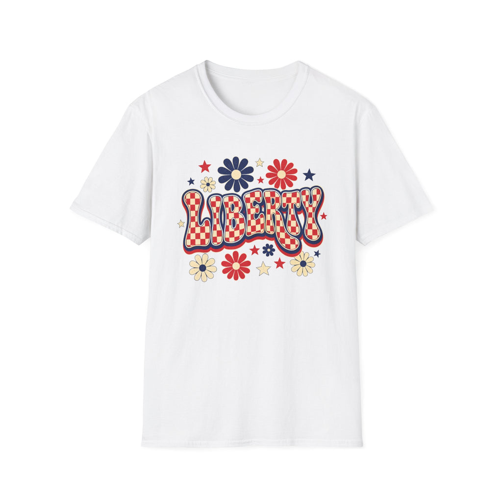 Liberty Retro USA Tee, Vintage Red White Blue Shirt, Patriotic Floral Graphic Top, Fourth of July Celebration Outfit Unisex Softstyle T-Shirt