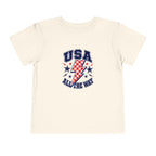 USA All The Way Tee, Patriotic Lightning Bolt Shirt, Red White Blue Star Graphic Top, Fourth of July Celebration Outfit Toddler Short Sleeve Tee