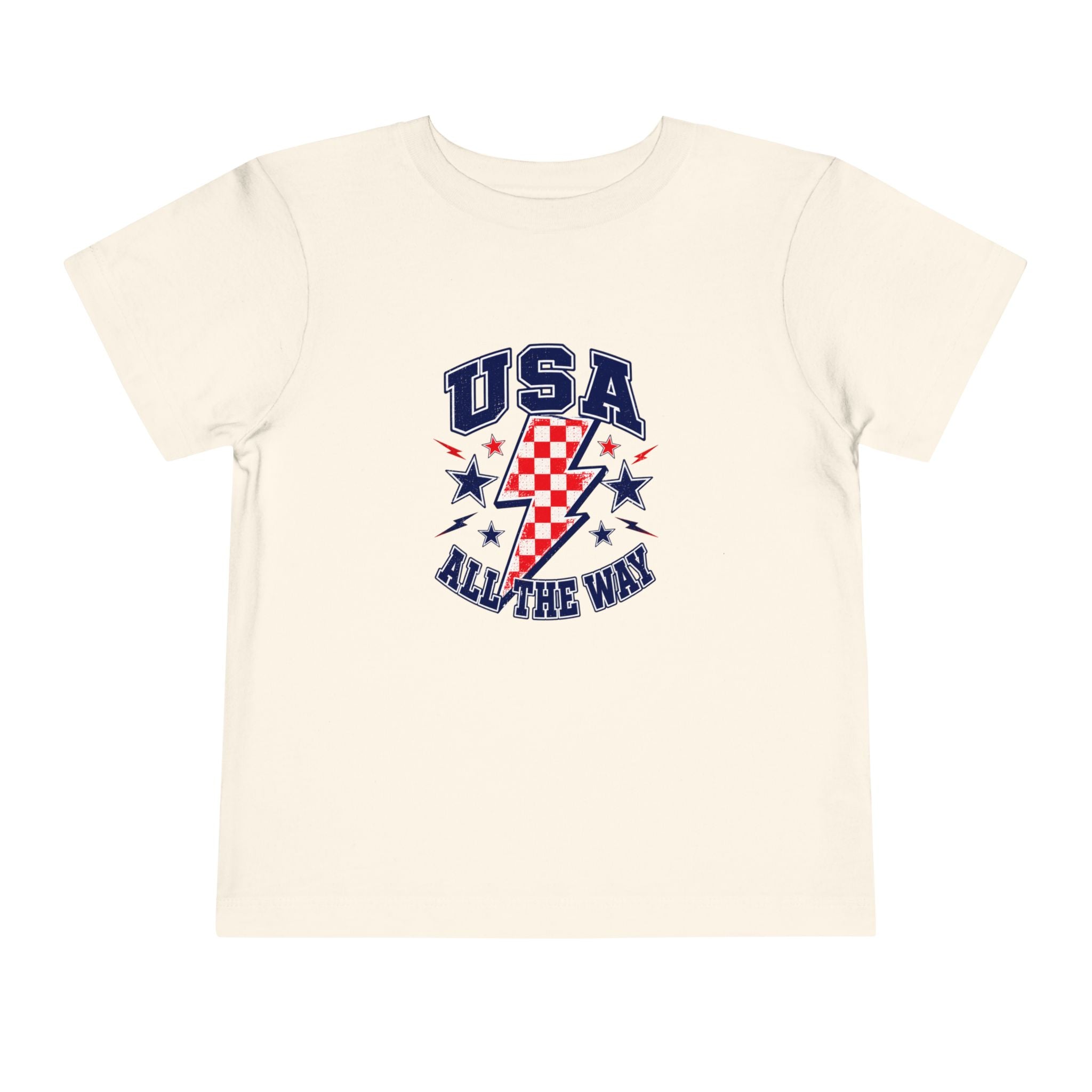 USA All The Way Tee, Patriotic Lightning Bolt Shirt, Red White Blue Star Graphic Top, Fourth of July Celebration Outfit Toddler Short Sleeve Tee