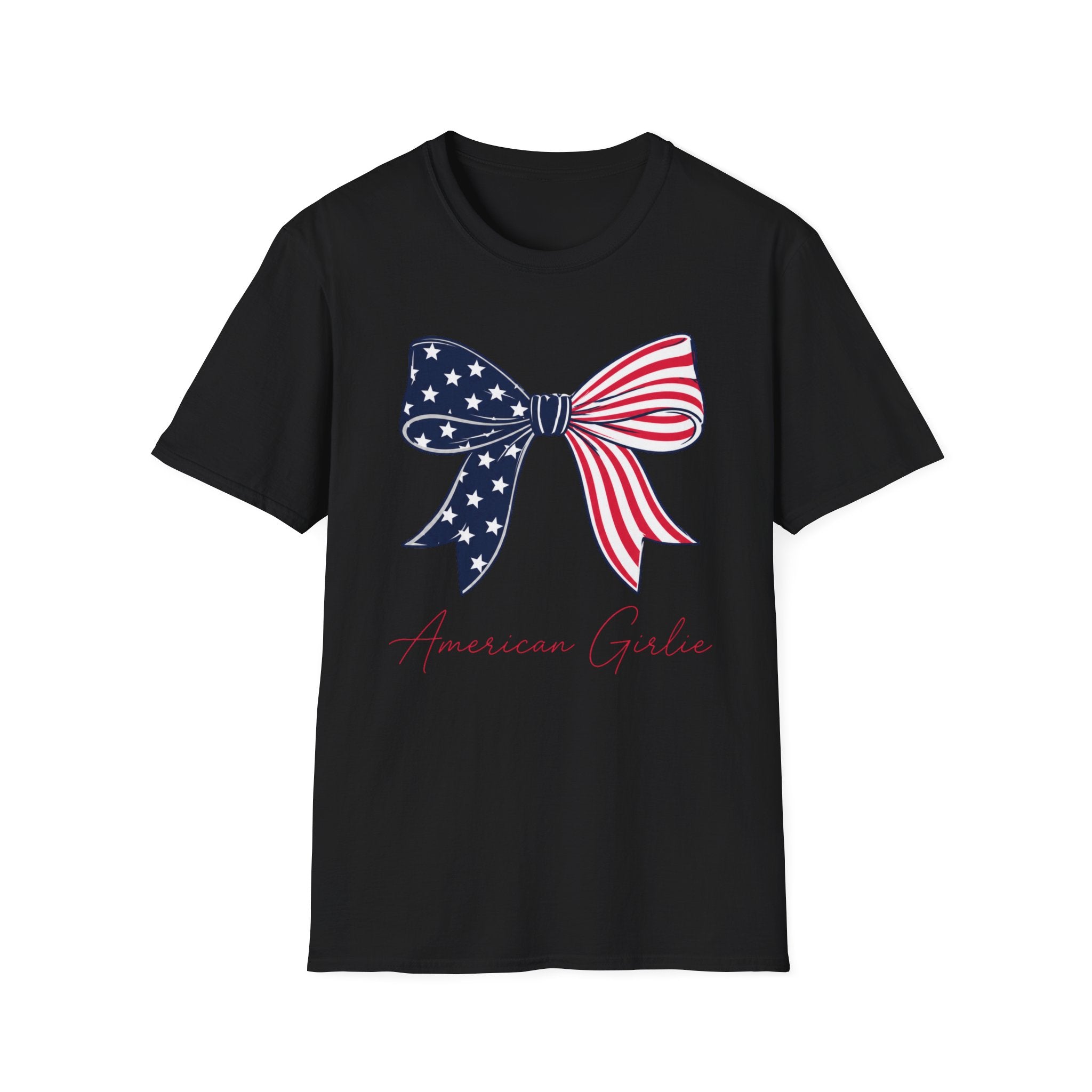 American Girlie Bow Shirt, Clean Split Flag Coquette Tee, Navy Stars Red Stripes Bow 4th of July Women Girls, Bold Graphic Patriotic Script Gift Independence Day