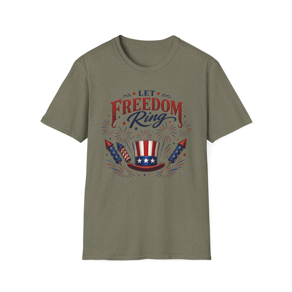 Let Freedom Ring T-Shirt | Patriotic Uncle Sam Hat Graphic Tee, Fourth Of July Charcoal Fireworks Top