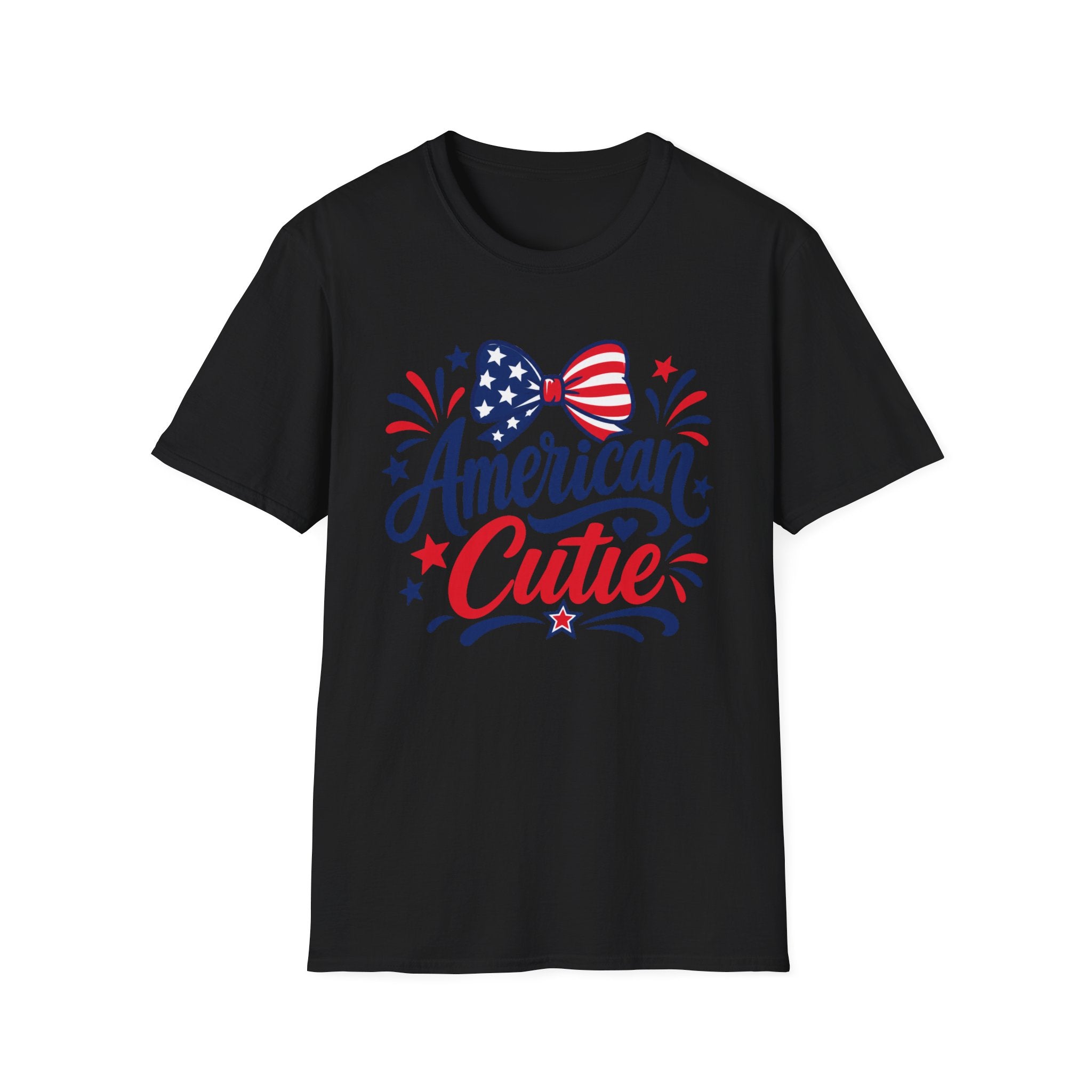 American Cutie Patriotic Bow Tee, Red White Blue Fireworks Shirt, Cute USA Fourth of July Outfit, Festive American Graphic Top T-Shirt