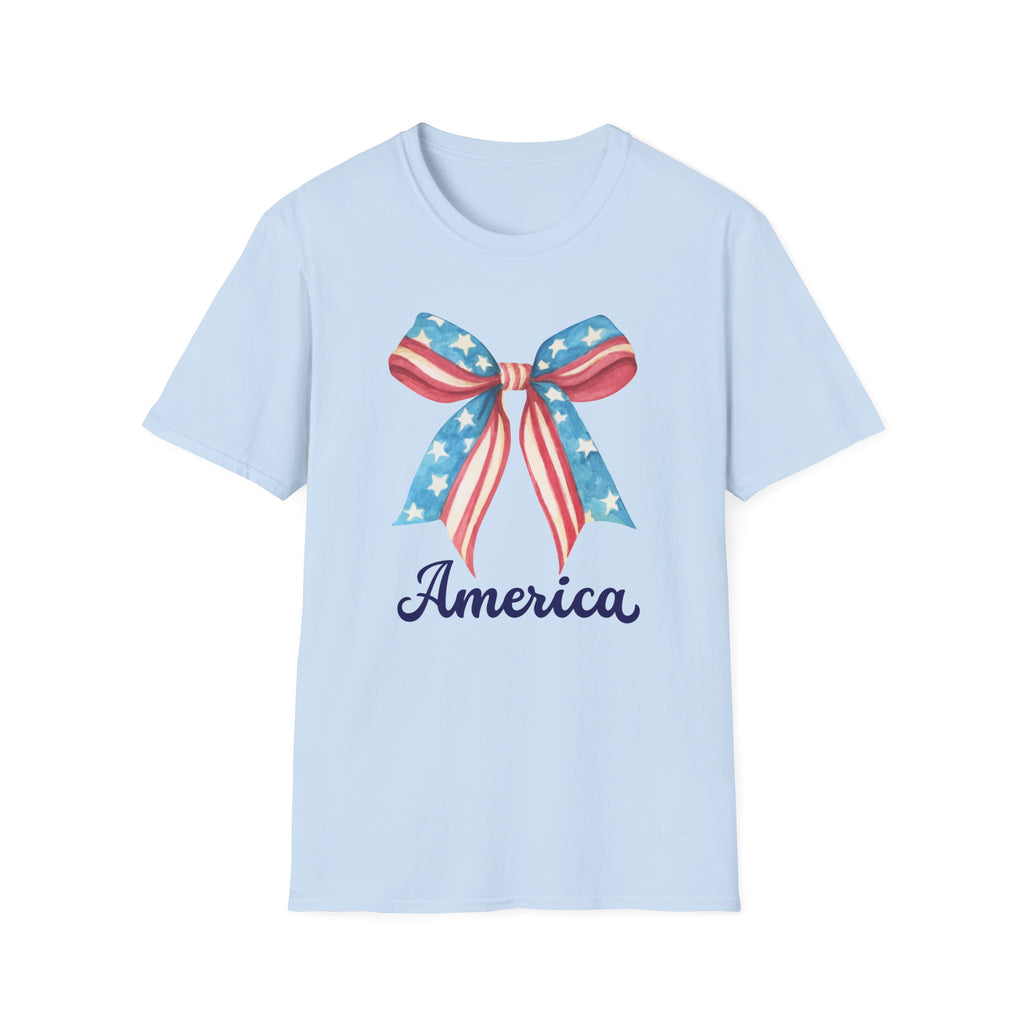 Coquette Patriotic Bow Shirt, 4th of July Women's T-Shirt, American Flag Bow Tee, USA Watercolor Bow, Stars and Stripes Shirt, Independence Day Gift