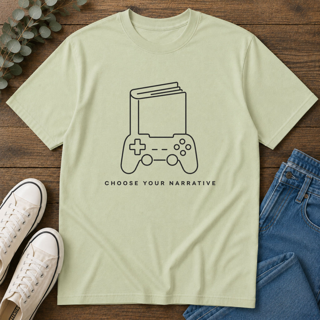 Gaming Book T-Shirt — 'Choose Your Narrative' Minimal Gamer Tee
