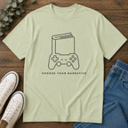 Gaming Book T-Shirt — 'Choose Your Narrative' Minimal Gamer Tee
