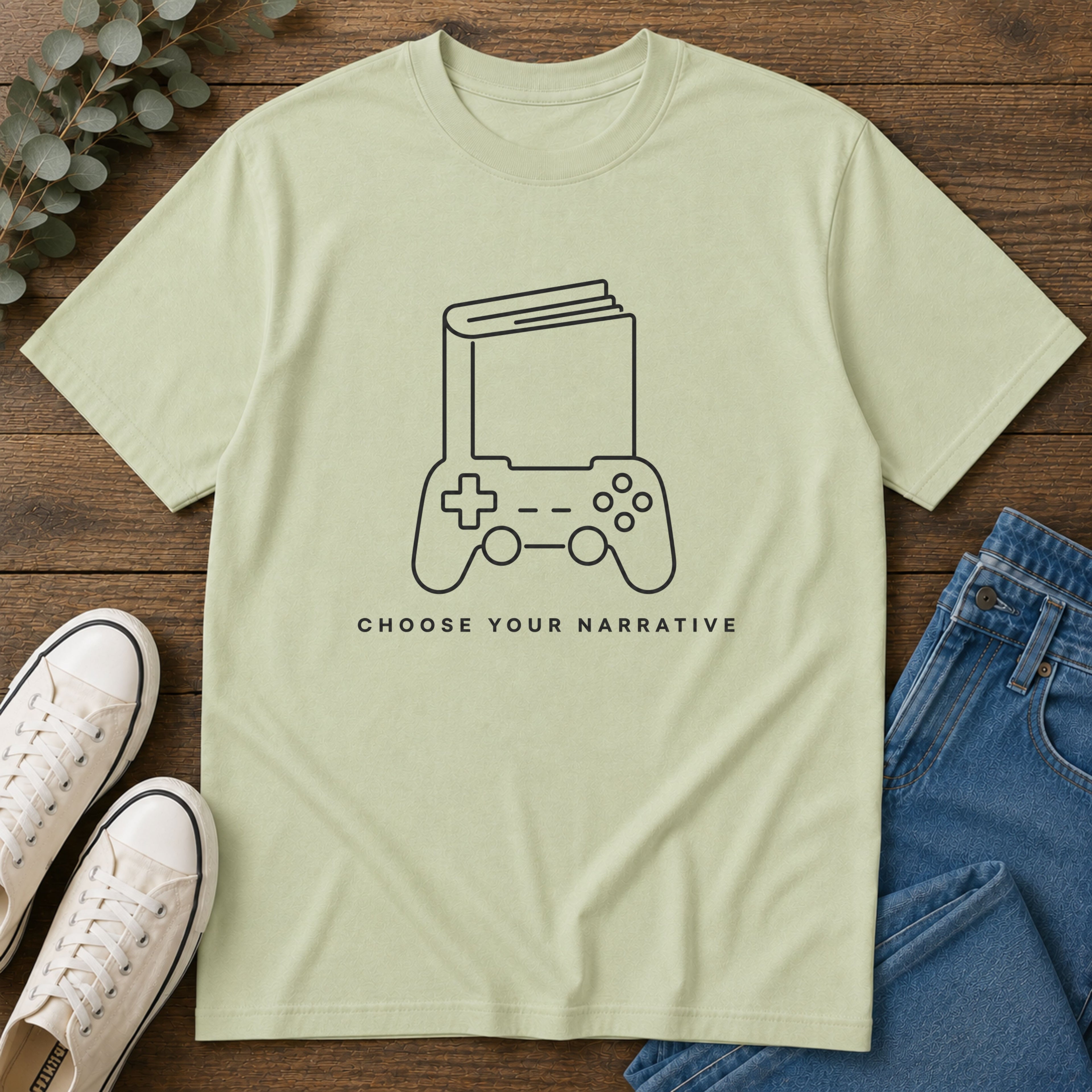 Gaming Book T-Shirt — 'Choose Your Narrative' Minimal Gamer Tee