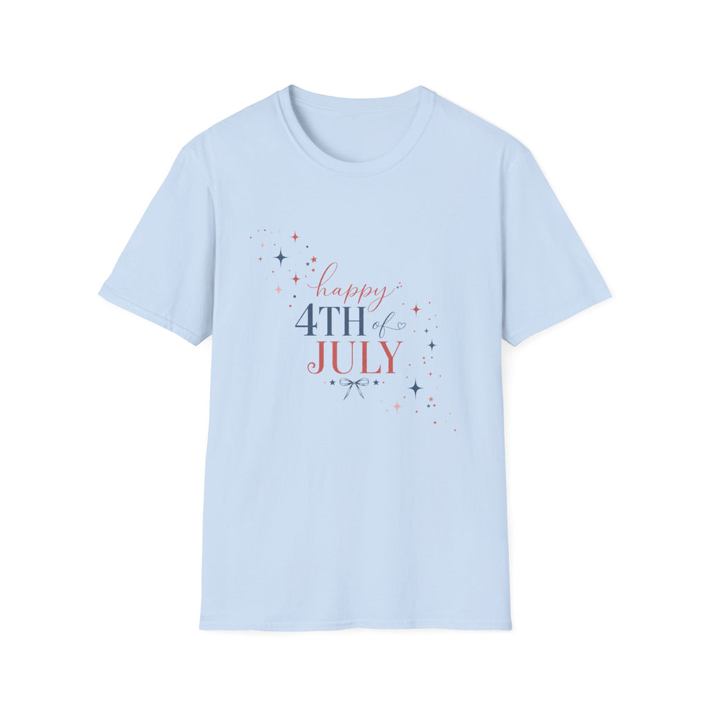 Happy 4th of July Sparkle Bow T-Shirt, Coquette Patriotic Sparkle Star Tee, Feminine Independence Day Shirt, Cute Mixed Typography 4th July