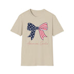 American Girlie Bow Shirt, Clean Split Flag Coquette Tee, Navy Stars Red Stripes Bow 4th of July Women Girls, Bold Graphic Patriotic Script Gift Independence Day