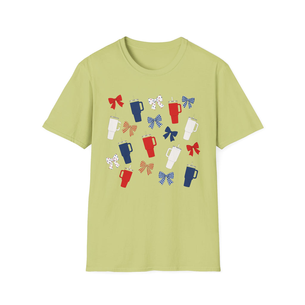 Patriotic Coffee Lover T-Shirt, Americana Bow Graphic Tee, Fourth of July Iced Drink Shirt, Cute Summer Cafe Apparel, Coquette USA Outfit