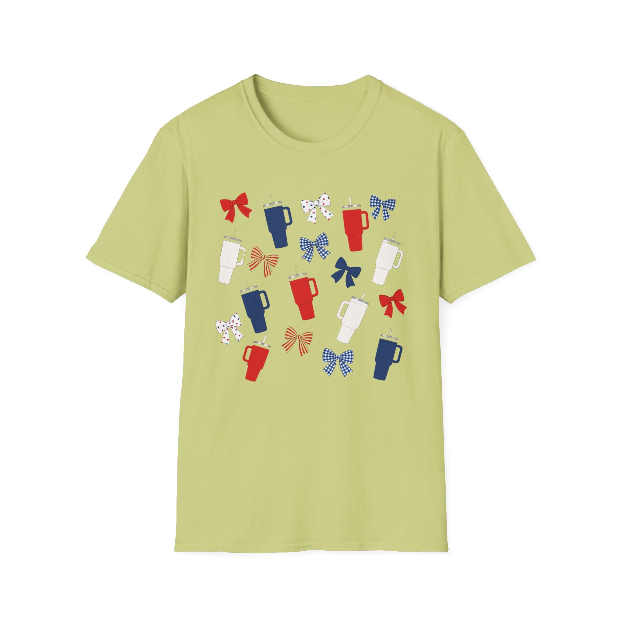 Patriotic Coffee Lover T-Shirt, Americana Bow Graphic Tee, Fourth of July Iced Drink Shirt, Cute Summer Cafe Apparel, Coquette USA Outfit