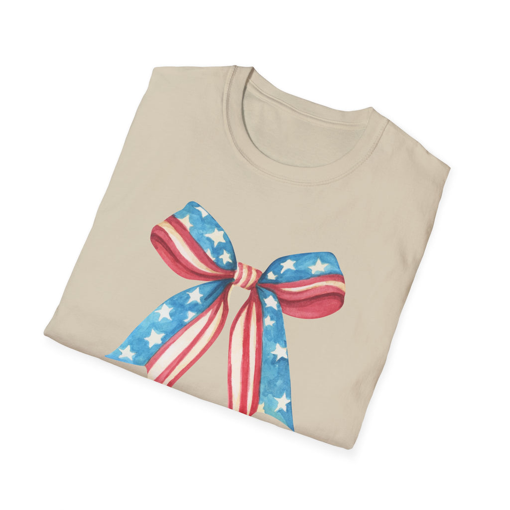 Coquette Patriotic Bow Shirt, 4th of July Women's T-Shirt, American Flag Bow Tee, USA Watercolor Bow, Stars and Stripes Shirt, Independence Day Gift