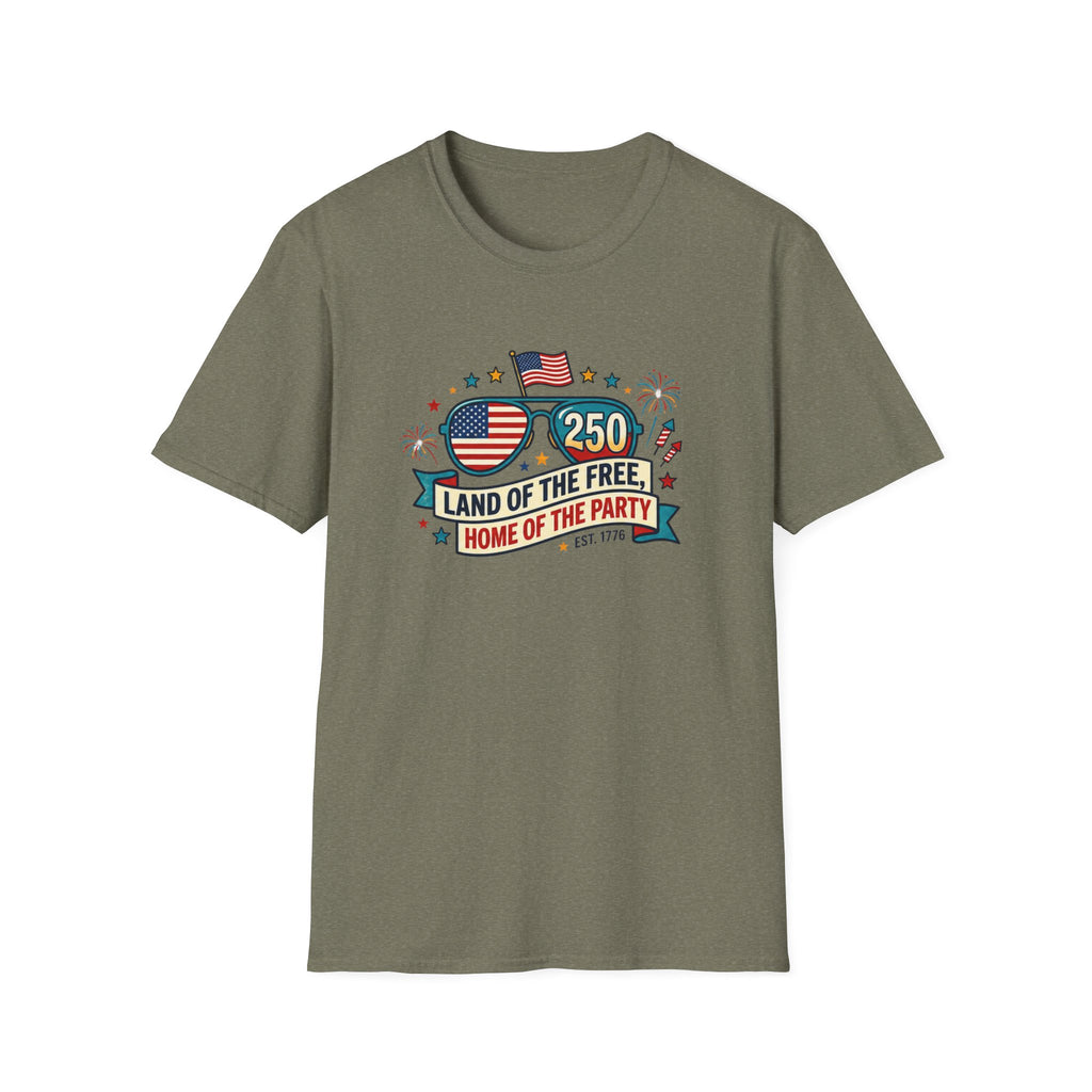Land of the Free Home of the Party Tee, USA 250 Sunglasses Shirt, Red White Blue Celebration Graphic Top, Patriotic Fourth of July Outfit T-Shirt