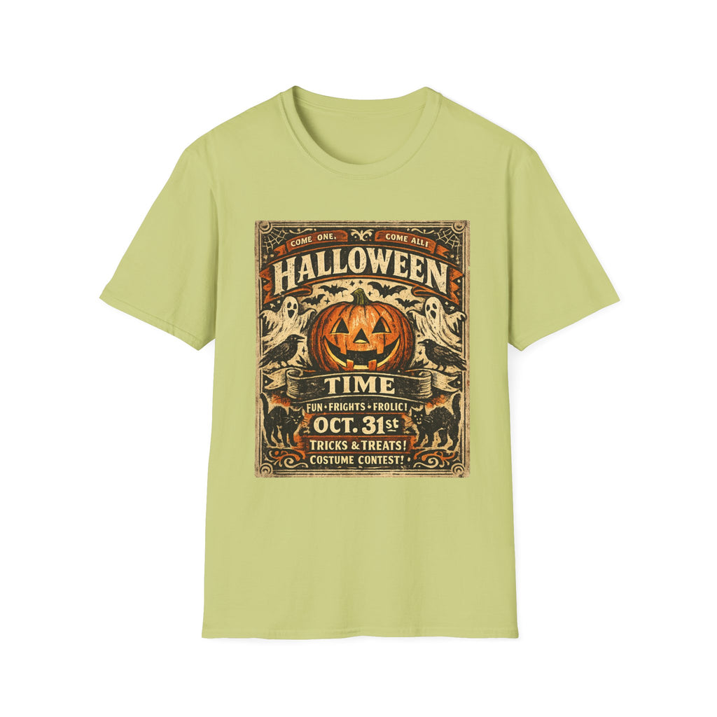 Vintage Halloween Pumpkin T-Shirt — "Halloween Time" Retro Poster Tee