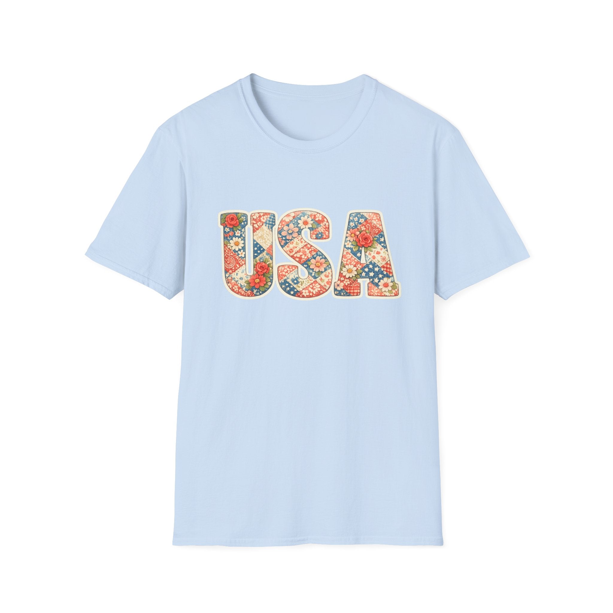 USA Floral Patchwork T-Shirt | Patriotic Block Lettering Graphic Tee, Fourth Of July Vintage Cottagecore Top
