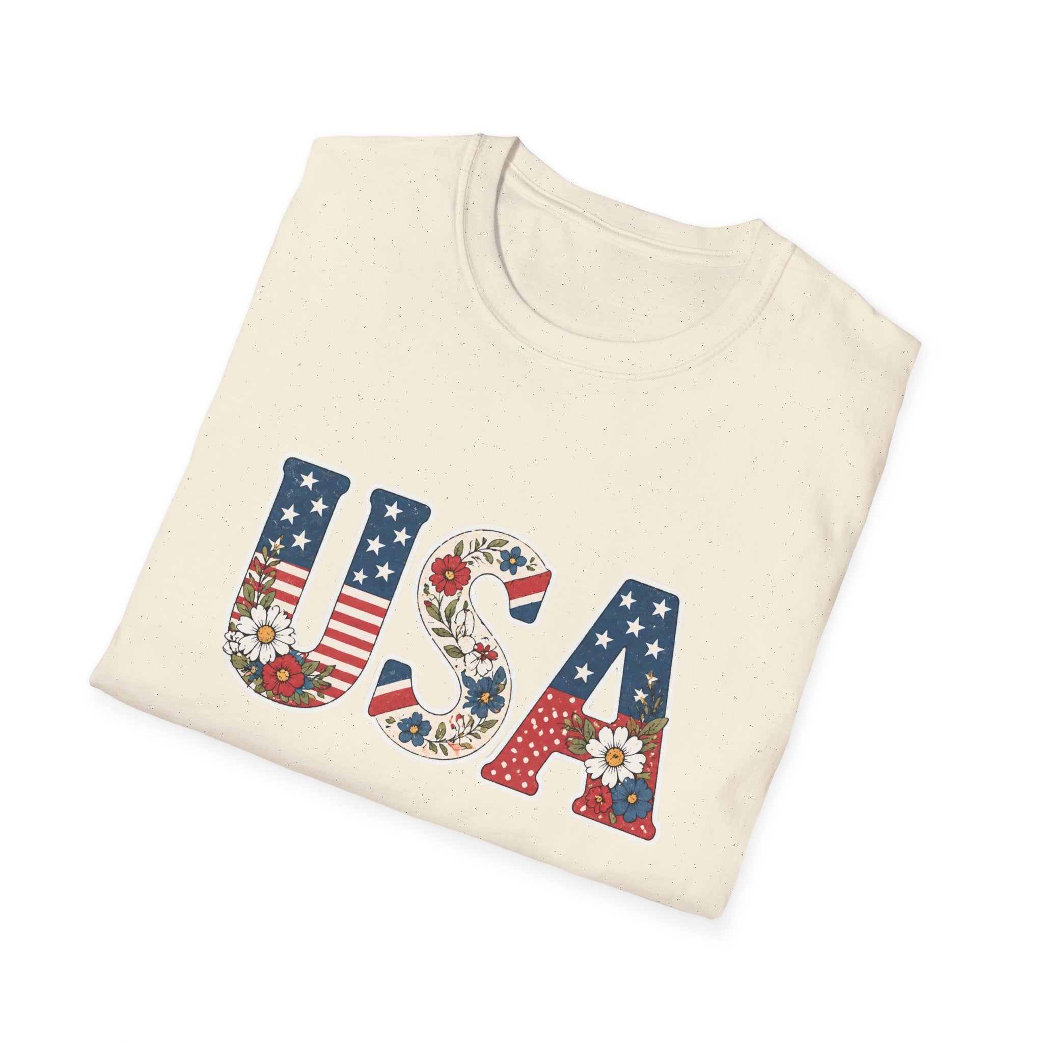 Floral USA T-Shirt, Cottagecore Patriotic Flower Letter Tee, 4th of July Wildflower America Shirt, Stars Stripes Daisy Poppy Gift, Vintage Botanical