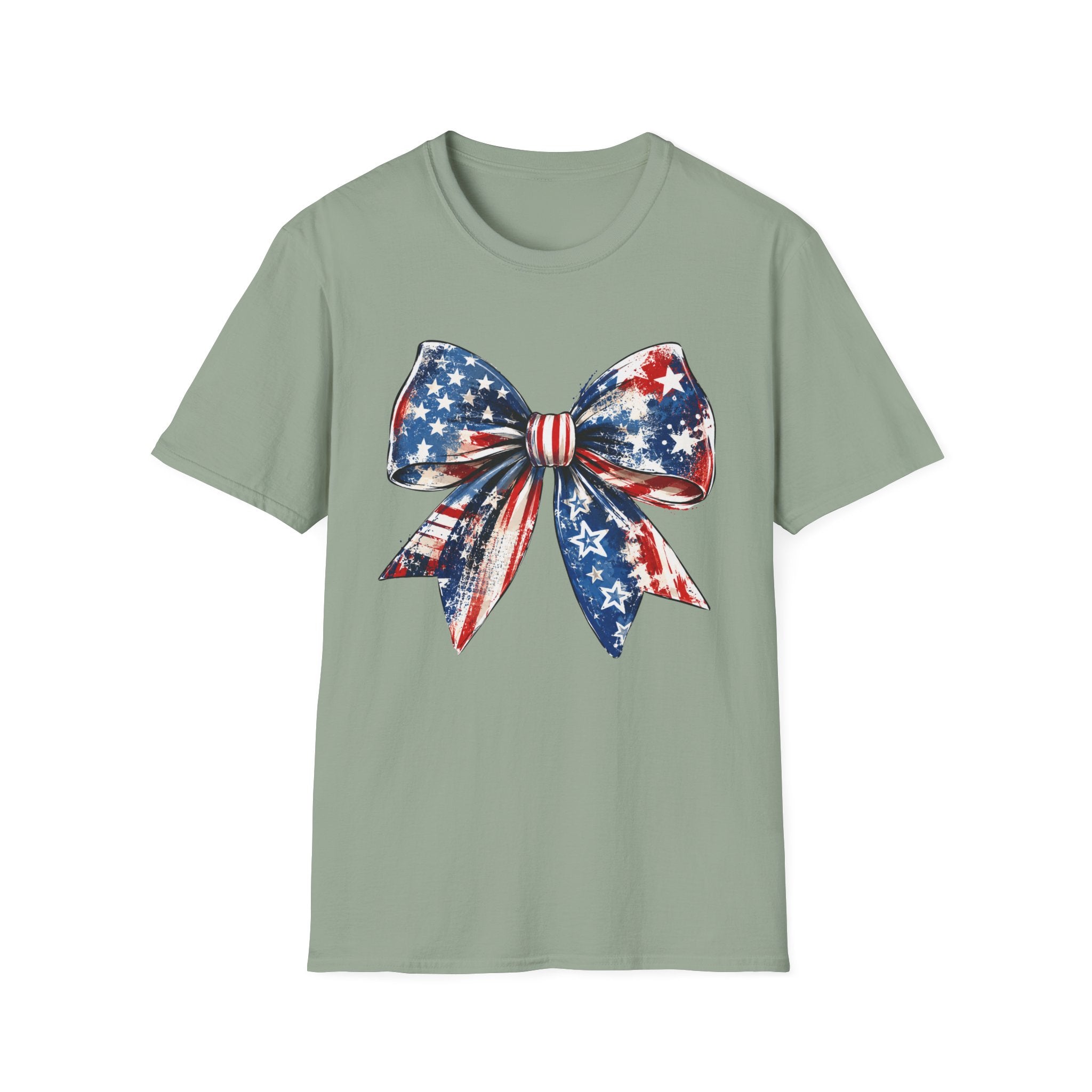 Distressed Watercolor Patriotic Bow T-Shirt, Vintage Grunge American Flag Bow Tee, Worn Texture Coquette 4th of July Shirt, Brushstroke Stars Stripes Bow Gift