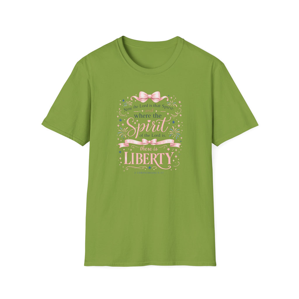 Where The Spirit Of The Lord Is Liberty T-Shirt | Christian Bible Verse Graphic Tee, Pink Coquette Ribbon Bow Top